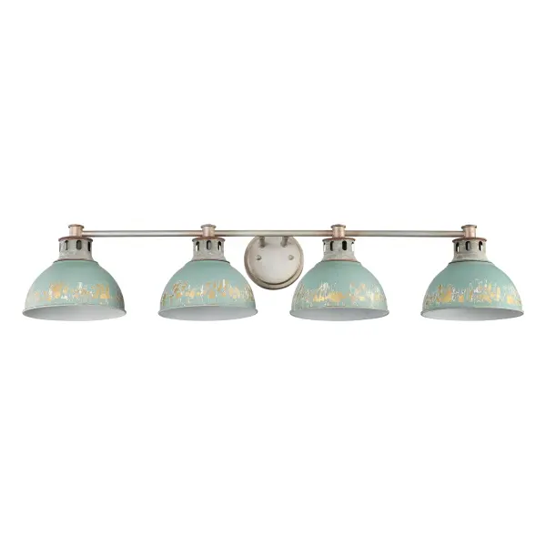 The Kinsley 4-Light Vanity brings vintage elegance with its distressed Antique Teal finish revealing gold leaf and off-white underlayers. Damp-rated for bathrooms and covered porches, this 39" fixture delivers authentic rustic charm.