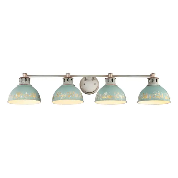 The Kinsley 4-Light Vanity brings vintage elegance with its distressed Antique Teal finish revealing gold leaf and off-white underlayers. Damp-rated for bathrooms and covered porches, this 39" fixture delivers authentic rustic charm. - alternate view