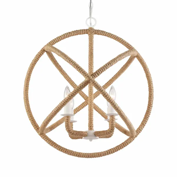 Bring coastal elegance into your home with the Wry Lighting Marina 4-light Chandelier in Natural White. Featuring a frame with a delicate Natural White finish, it creates a welcoming atmosphere. This chandelier boasts no shade, allowing the light to flow freely and brighten your space. The authentic rope accents add an organic touch, enhancing the textural experience. The Natural White finish provides a clean, neutral aesthetic with a pleasing chalky texture, making it a versatile foundation for various designs including modern farmhouse and coastal styles. Perfect for dining rooms and living spaces, this chandelier is dry location rated, making it ideal for indoor spaces not subject to moisture. It's compatible with sloped ceilings and features an adjustable height from 28.125" to 99.125", allowing for a customized fit. Overall Dimensions: 23" W x 25.5" H x 23" D. Requires 4 E12 candelabra base bulbs (not included), max 60 wattage per bulb. Elevate your interior with this stunning chandelier, loved for its elegant design and easy installation. Collection: Marina Finish: Natural White Width: 23.00" Height: 25.50" Weight: 7.62 lb Extension from Wall: 23.00" Canopy: 6"W x 6"H x 1.63"D Number of Bulbs: 4 Maximum Wattage: 60.00 W Bulb Type: CA10 Bulb Base: E12 Light Source: Incandescent Dimmable Voltage: 120.00 V Country of Origin: China Safety Listing: ETL Manufacturer Warranty: 1 Year Limited