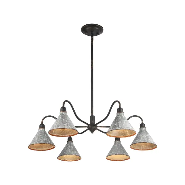 Bring traditional elegance into your home with the Wry Lighting Jasper 6-light Chandelier in Antique Black Iron. Featuring a metal shade and a rustic Antique Black Iron frame, it creates a welcoming atmosphere. This striking metal shade features a heavily textured galvanized steel exterior in mottled gray with chalky white speckles and rust accents, paired with an antiqued golden-orange interior that casts a warm, inviting light. Capture the raw charm of a bygone era with the Antique Black Iron finish, artfully weathered to reveal glimpses of a warm, antiqued gold base beneath. This bold finish enhances any industrial, rustic, or farmhouse decor, making a substantial statement in your space. Ideal for dining rooms, foyers, or living spaces, this chandelier is dry location rated for areas not subject to moisture. With a convertible design, you can easily install it as a semi-flush mount or pendant, with an adjustable height ranging from 12 to 54 inches. Overall Dimensions: 37.88"W x 9.63"H x 37.88"D. Requires 6 E26 Medium base bulbs (not included), max 60 watts per bulb. Each piece is handcrafted, making each chandelier uniquely charming while providing ample illumination for gatherings. Collection: Jasper Finish: Antique Black Iron Glass: Galvanized Steel Width: 37.88" Height: 9.63" Weight: 9.60 lb Extension from Wall: 37.88" Canopy: 5.25"W x 5.25"H x 0.88"D Number of Bulbs: 6 Maximum Wattage: 60.00 W Bulb Type: A19 Bulb Base: E26 Light Source: Incandescent Dimmable Voltage: 120.00 V Country of Origin: China Safety Listing: ETL Manufacturer Warranty: 1 Year Limited