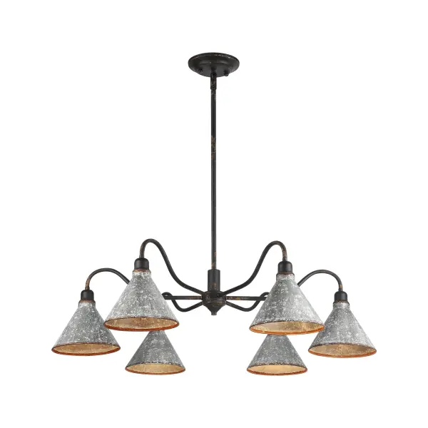 Bring traditional elegance into your home with the Wry Lighting Jasper 6-light Chandelier in Antique Black Iron. Featuring a metal shade and a rustic Antique Black Iron frame, it creates a welcoming atmosphere. This striking metal shade features a heavily textured galvanized steel exterior in mottled gray with chalky white speckles and rust accents, paired with an antiqued golden-orange interior that casts a warm, inviting light. Capture the raw charm of a bygone era with the Antique Black Iron finish, artfully weathered to reveal glimpses of a warm, antiqued gold base beneath. This bold finish enhances any industrial, rustic, or farmhouse decor, making a substantial statement in your space. Ideal for dining rooms, foyers, or living spaces, this chandelier is dry location rated for areas not subject to moisture. With a convertible design, you can easily install it as a semi-flush mount or pendant, with an adjustable height ranging from 12 to 54 inches. Overall Dimensions: 37.88"W x 9.63"H x 37.88"D. Requires 6 E26 Medium base bulbs (not included), max 60 watts per bulb. Each piece is handcrafted, making each chandelier uniquely charming while providing ample illumination for gatherings. Collection: Jasper Finish: Antique Black Iron Glass: Galvanized Steel Width: 37.88" Height: 9.63" Weight: 9.60 lb Extension from Wall: 37.88" Canopy: 5.25"W x 5.25"H x 0.88"D Number of Bulbs: 6 Maximum Wattage: 60.00 W Bulb Type: A19 Bulb Base: E26 Light Source: Incandescent Dimmable Voltage: 120.00 V Country of Origin: China Safety Listing: ETL Manufacturer Warranty: 1 Year Limited - alternate view