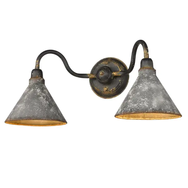 Bring traditional elegance into your home with the Wry Lighting Jasper 2-light Vanity in Antique Black Iron. Featuring a metal shade and a striking Antique Black Iron frame, it creates a welcoming atmosphere. The rustic galvanized steel shade showcases heavily weathered details that reflect an authentic farmhouse charm while providing a warm light with an antiqued golden-orange finish inside. This deeply textured finish tells a story of time, revealing glimpses of antiqued gold as it adds a powerful statement of handcrafted character to your space. Ideal for bathrooms, it's damp location rated, ensuring beauty in covered and semi-enclosed areas. Installation is straightforward, requiring 2 E26 Medium base bulbs with a maximum wattage of 100 each, while the overall dimensions are 22.5"W x 9.75"H x 10"D. Upgrade your space with quality craftsmanship and a timeless design that complements your rustic aesthetic.