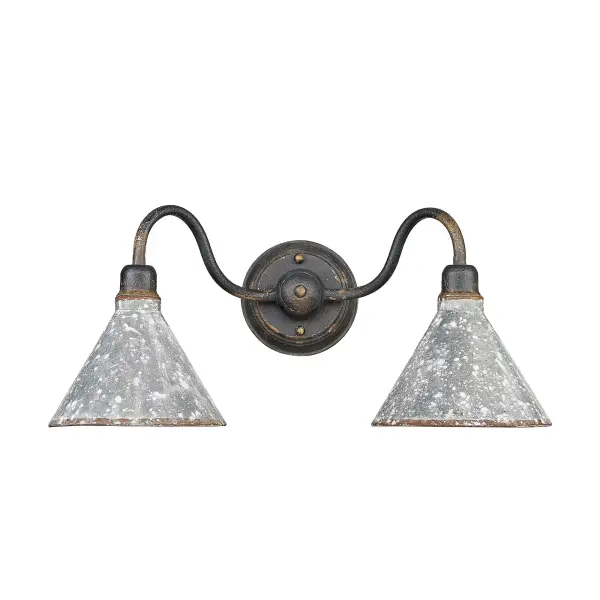 Bring traditional elegance into your home with the Wry Lighting Jasper 2-light Vanity in Antique Black Iron. Featuring a metal shade and a striking Antique Black Iron frame, it creates a welcoming atmosphere. The rustic galvanized steel shade showcases heavily weathered details that reflect an authentic farmhouse charm while providing a warm light with an antiqued golden-orange finish inside. This deeply textured finish tells a story of time, revealing glimpses of antiqued gold as it adds a powerful statement of handcrafted character to your space. Ideal for bathrooms, it's damp location rated, ensuring beauty in covered and semi-enclosed areas. Installation is straightforward, requiring 2 E26 Medium base bulbs with a maximum wattage of 100 each, while the overall dimensions are 22.5"W x 9.75"H x 10"D. Upgrade your space with quality craftsmanship and a timeless design that complements your rustic aesthetic. - alternate view