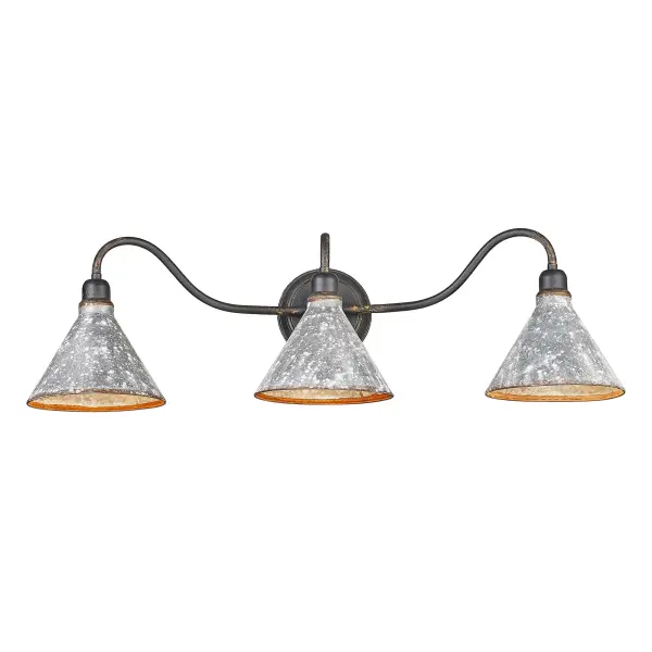 Bring traditional elegance into your home with the Wry Lighting Jasper 3-light Vanity in Antique Black Iron. Featuring a metal shade and a striking Antique Black Iron frame, it creates a welcoming atmosphere. The rustic galvanized steel shade showcases heavily weathered details that reflect an authentic farmhouse charm while providing a warm light with an antiqued golden-orange finish inside. This deeply textured finish tells a story of time, revealing glimpses of antiqued gold as it adds a powerful statement of handcrafted character to your space. It is perfect for bathrooms, providing ample illumination while being damp location rated for use in covered and semi-enclosed areas. Installation is effortless, requiring 3 E26 Medium base bulbs with a maximum wattage of 100 each, and its dimensions are 34"W x 9.75"H x 10"D. Elevate your space with quality craftsmanship and a charming aesthetic that embodies rustic sophistication.