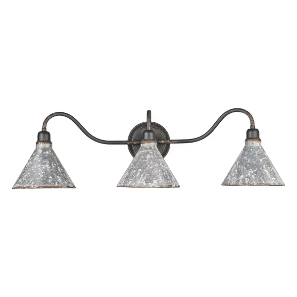 Bring traditional elegance into your home with the Wry Lighting Jasper 3-light Vanity in Antique Black Iron. Featuring a metal shade and a striking Antique Black Iron frame, it creates a welcoming atmosphere. The rustic galvanized steel shade showcases heavily weathered details that reflect an authentic farmhouse charm while providing a warm light with an antiqued golden-orange finish inside. This deeply textured finish tells a story of time, revealing glimpses of antiqued gold as it adds a powerful statement of handcrafted character to your space. It is perfect for bathrooms, providing ample illumination while being damp location rated for use in covered and semi-enclosed areas. Installation is effortless, requiring 3 E26 Medium base bulbs with a maximum wattage of 100 each, and its dimensions are 34"W x 9.75"H x 10"D. Elevate your space with quality craftsmanship and a charming aesthetic that embodies rustic sophistication. - alternate view