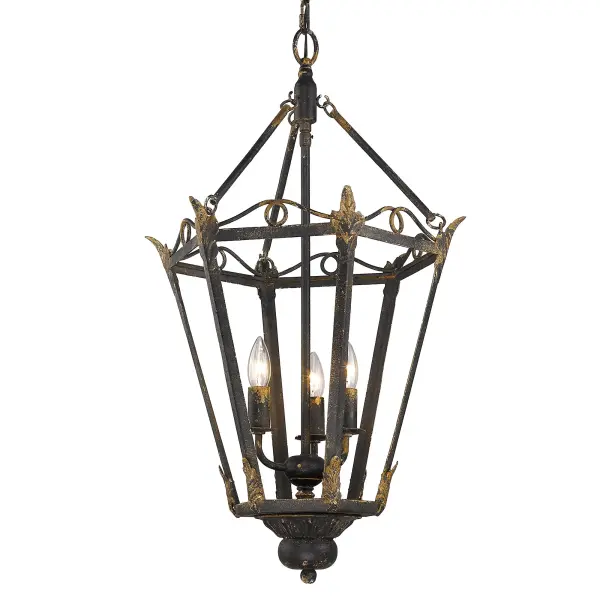 Bring traditional grandeur into your home with the Wry Lighting Matilda 3-light Pendant in Antique Black Iron. With no shade, this pendant offers a striking focal point in your kitchen or dining area, creating a charming and inviting atmosphere. The ornate architectural cage features classic scrollwork and fleur-de-lis details, embodying rich European-inspired design. The Antique Black Iron finish provides a bold statement, while its unique craftsmanship makes it a distinguished piece for any setting. Dry location rated, this fixture is perfect for indoor spaces not subject to moisture. Installation is a breeze with sloped-ceiling compatibility and an adjustable height ranging from 35" to 106". Overall dimensions are 18"W x 31.5"H x 18"D, and it requires three E12 Candelabra base bulbs (not included) with a maximum wattage of 60. Celebrating craftsmanship and artisanal touches, this light fixture adds character and sophistication to your home. Collection: Matilda Rooms: Accent, Kitchen Finish: Antique Black Iron Notes: Fixture is chain hung which means it may be mounted on a sloped ceiling. Width: 18.00" Height: 31.50" Length: 18.00" Weight: 6.80 lb Extension from Wall: 18.00" Chain: 6` Wire: 10` Canopy: 5"W x 5"H x 1"D Number of Bulbs: 3 Maximum Wattage: 60.00 W Bulb Type: CA10 Bulb Base: E12 Light Source: Incandescent Dimmable Voltage: 120.00 V Material: Steel Country of Origin: China Safety Listing: ETL Safety Rating: Dry Connection: Hardware Manufacturer Warranty: 1 Year Limited Instructions Parts Diagram