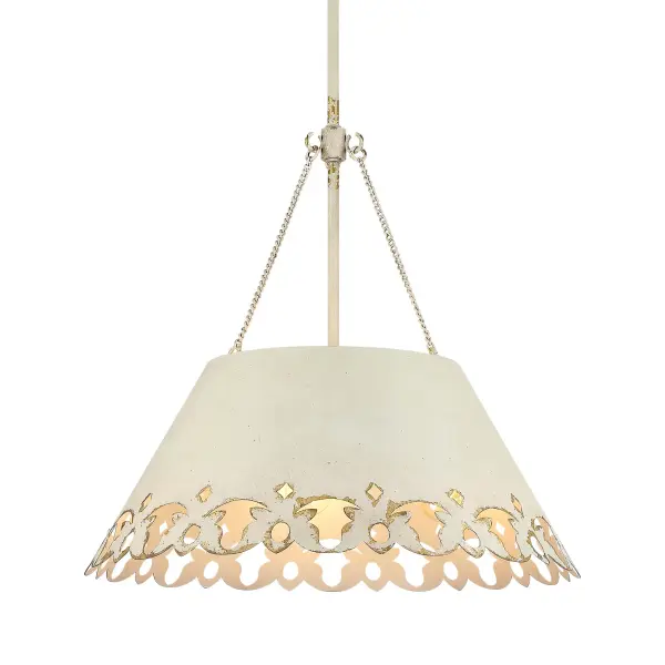Bring farmhouse elegance into your home with the Wry Lighting Eloise 5-light Pendant in Antique Ivory. Featuring a metal shade and an Antique Ivory frame, it creates a welcoming atmosphere. This metal shade, finished in a creamy, off-white base complemented by a distressed, cracked texture, allows light to shine beautifully throughout your space. Each piece is carefully hand-painted, with subtle variations that highlight its unique character and rich detail, enhancing any decor. Ideal for dry locations, this pendant light is perfect for larger kitchens or dining rooms, providing focused yet decorative illumination. Its sloped-ceiling compatibility and adjustable height options (22.75"-64.75") make installation simple and adaptable to various ceiling styles. Overall Dimensions: 21"W x 20"H x 21"D. Requires 5 E26 Medium base bulbs (not included), with a maximum of 60 watts per bulb. Experience the enchanting charm and quality craftsmanship of this striking fixture, perfect for creating a warm and inviting atmosphere in your home. Collection: Eloise Finish: Antique Ivory Glass: Antique Ivory Width: 21.00" Height: 20.00" Weight: 8.00 lb Extension from Wall: 21.00" Canopy: 5.25"W x 5.25"H x 0.88"D Number of Bulbs: 5 Maximum Wattage: 60.00 W Bulb Type: A19 Bulb Base: E26 Light Source: Incandescent Dimmable Voltage: 120.00 V Country of Origin: China Safety Listing: ETL Manufacturer Warranty: 1 Year Limited