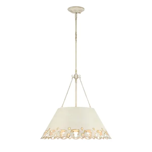 Bring farmhouse elegance into your home with the Wry Lighting Eloise 5-light Pendant in Antique Ivory. Featuring a metal shade and an Antique Ivory frame, it creates a welcoming atmosphere. This metal shade, finished in a creamy, off-white base complemented by a distressed, cracked texture, allows light to shine beautifully throughout your space. Each piece is carefully hand-painted, with subtle variations that highlight its unique character and rich detail, enhancing any decor. Ideal for dry locations, this pendant light is perfect for larger kitchens or dining rooms, providing focused yet decorative illumination. Its sloped-ceiling compatibility and adjustable height options (22.75"-64.75") make installation simple and adaptable to various ceiling styles. Overall Dimensions: 21"W x 20"H x 21"D. Requires 5 E26 Medium base bulbs (not included), with a maximum of 60 watts per bulb. Experience the enchanting charm and quality craftsmanship of this striking fixture, perfect for creating a warm and inviting atmosphere in your home. Collection: Eloise Finish: Antique Ivory Glass: Antique Ivory Width: 21.00" Height: 20.00" Weight: 8.00 lb Extension from Wall: 21.00" Canopy: 5.25"W x 5.25"H x 0.88"D Number of Bulbs: 5 Maximum Wattage: 60.00 W Bulb Type: A19 Bulb Base: E26 Light Source: Incandescent Dimmable Voltage: 120.00 V Country of Origin: China Safety Listing: ETL Manufacturer Warranty: 1 Year Limited - alternate view
