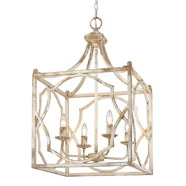 Bring traditional elegance to your home with the Wry Lighting Laurent 4-light Pendant in Antique Ivory. This pendant's design does not use a shade, allowing its vintage allure to stand out prominently. The antique ivory finish radiates warmth, showcasing the artisanal detailing that resembles a cherished family heirloom. This fixture is perfect for kitchens, dining areas, or foyer spaces where statement lighting is desired. Rated for dry locations, it ensures suitability in living spaces away from moisture. It's sloped-ceiling compatible and features adjustable height, ranging from 34" to 106", allowing it to adapt perfectly to your space. It requires four E12 candelabra base bulbs (not included), with a maximum wattage of 60 each, to create a focused yet decorative illumination. With overall dimensions of 18"W x 31"H x 18"D, this pendant is an ideal choice for elevating the aesthetic appeal of your home. Hand-painted artisanal finishes further ensure each piece is distinctly unique, perfect for adding an enchanting focal point in any room. Collection: Laurent Rooms: Foyer,Living,Dining,Lobby Finish: Antique Ivory Width: 18.00" Height: 31.00" Length: 18.00" Weight: 15.40 lb Extension from Wall: 18.00" Chain: 6` Wire: 10` Canopy: 5"W x 5"H x 1"D Number of Bulbs: 4 Maximum Wattage: 60.00 W Bulb Type: CA10 Bulb Base: E12 Light Source: Incandescent Dimmable Voltage: 120.00 V Material: Steel Country of Origin: China Safety Listing: ETL Safety Rating: Dry Connection: Hardware Manufacturer Warranty: 1 Year Limited Instructions Parts Diagram