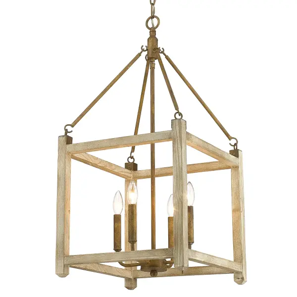 Bring farmhouse charm into your home with the Wry Lighting Orville 4-light Pendant. Featuring a burnished chestnut finish, it creates a welcoming atmosphere. This fixture showcases an open-cage design that invites a warm glow, highlighting the warm, substantial feel of the burnished chestnut finish. This rich brown shade enhances the space with its antique gold highlights, adding timeless tradition to any setting. Perfect for indoor spaces, it is Dry Location Rated, making it ideal for bedrooms, living rooms, and hallways. Designed to be sloped ceiling compatible, it offers adjustable heights from 33.5" to 105.5". Overall Dimensions: 16.25"W x 32.5"H x 16.25"D. Requires 4 E12 Candelabra base bulbs (not included), max wattage 60 per bulb. Elevate your décor with this stylish pendant, quintessential for creating a cozy atmosphere in any home. Collection: Orville Rooms: Kitchen,Living,Dining Finish: Burnished Chestnut Width: 16.25" Height: 32.50" Length: 16.25" Weight: 7.30 lb Extension from Wall: 16.25" Chain: 6` Wire: 10` Canopy: 5"W x 5"H x 1"D Number of Bulbs: 4 Maximum Wattage: 60.00 W Bulb Type: CA10 Bulb Base: E12 Light Source: Incandescent Dimmable Voltage: 120.00 V Material: Steel, Wood Country of Origin: China Safety Listing: ETL Safety Rating: Dry Connection: Hardware Manufacturer Warranty: 1 Year Limited