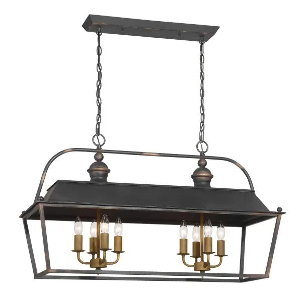 The Christoff 8-Light Island Light delivers authentic farmhouse character with its heavily textured antique black iron finish and exposed candelabra bulbs. Perfect for kitchen islands and dining areas seeking rustic sophistication.