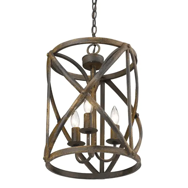 Bring rustic farmhouse charm into your home with the Golden Lighting Alcott 3-light Pendant. It infuses spaces with a captivating ambiance, perfect for focused yet decorative illumination in various settings. The open-cage design reveals an Antique Black Iron finish without a shade, allowing beautiful light reflections and enabling the fixture to stand alone as a design statement. Its heavily pitted and distressed texture enhances the vintage-inspired aesthetic, inviting nostalgia into your home. This dry location-rated fixture is ideal for indoor use, adding style to areas not subject to moisture, such as kitchens and dining rooms. It features adjustable height for optimized placement on sloped ceilings, ensuring a perfect fit in every space. Overall Dimensions: 13"W x 18.25"H x 13"D. Requires 3 E12 Candelabra base bulbs (not included), max 60 wattage per bulb. With artisanal finishes celebrating craftsmanship, this pendant light invites warmth and charm, enhancing your home's atmosphere with quality and style. Collection: Alcott Rooms: Foyer,Living,Dining,Lobby Finish: Antique Black Iron Glass: Antique Black Iron Width: 13.00" Height: 18.25" Length: 13.00" Weight: 7.70 lb Extension from Wall: 13.00" Chain: 6` Wire: 10` Canopy: 5"W x 5"H x 1"D Number of Bulbs: 3 Maximum Wattage: 60.00 W Bulb Type: CA10 Bulb Base: E12 Light Source: Incandescent Dimmable Voltage: 120.00 V Material: Steel Country of Origin: China Safety Listing: ETL Safety Rating: Dry Connection: Hardware Manufacturer Warranty: 1 Year Limited Instructions Parts Diagram - alternate view