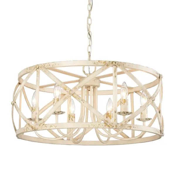 The Alcott 6-light chandelier combines classic farmhouse charm with sophisticated vintage appeal. Its distinctive Antique Ivory finish features intentional crackling that reveals gilded underlays, creating an heirloom-quality aesthetic perfect for traditional and transitional spaces.