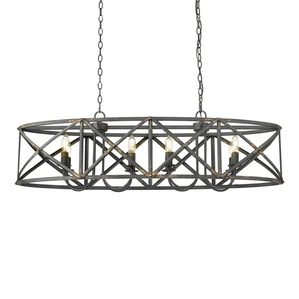 The Alcott 8-Light Island Light combines vintage farmhouse charm with industrial elegance. Its hand-painted Antique Black Iron finish and open-cage design create dramatic visual impact while providing ample illumination for large kitchen islands and dining tables.