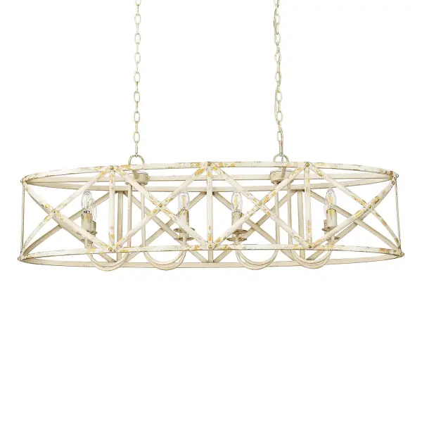 The Alcott 8-Light Island Light combines traditional craftsmanship with farmhouse style. Hand-painted Antique Ivory finish with gold leafing creates an heirloom quality piece. The open-cage design and generous 45-inch width make it perfect for large kitchen islands and dining tables.