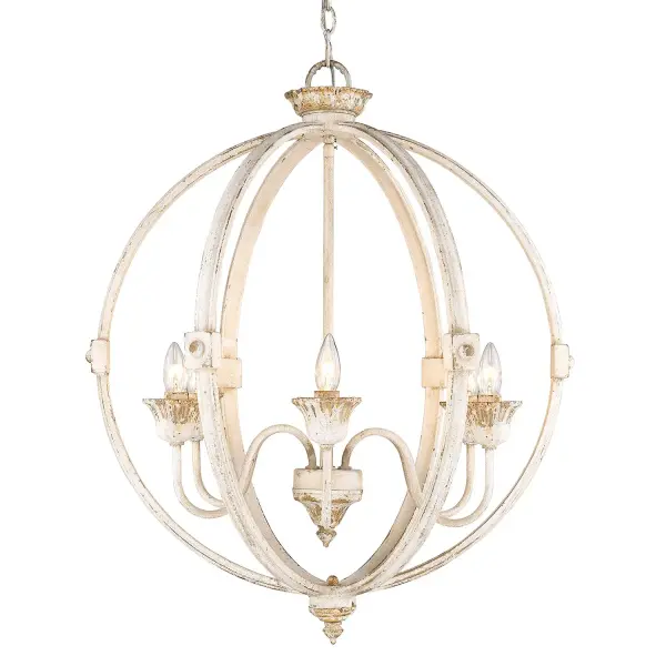 Infuse vintage farmhouse charm into your home with the Golden Lighting Jules 6-light Chandelier in Antique Ivory. This chandelier creates an elegant focal point, ideal for dining rooms, foyers, or living spaces. Without a shade, the intricate craftsmanship is displayed—its gracefully openwork frame showcases a hand-painted distressed ivory featuring antique gold accents that soften the light beautifully for a luminous effect. The Antique Ivory finish evokes the charm of European heirlooms, presenting beautifully aged details that exude romance and storied elegance. Each piece is unique, with purposeful chips and weathering for added character. This chandelier is dry location rated, suitable for indoor settings not exposed to moisture, making it perfect for any area in your home. Featuring adjustable heights from 31.5" to 103.5", it is also sloped-ceiling compatible. Requires 6 E12 Candelabra base bulbs (not included). Dimensions: 25.5"W x 30.5"H x 25.5"D. Enhance your living experience with this stunning chandelier that adds sophistication and functionality to your space.