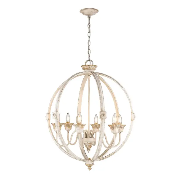 Infuse vintage farmhouse charm into your home with the Golden Lighting Jules 6-light Chandelier in Antique Ivory. This chandelier creates an elegant focal point, ideal for dining rooms, foyers, or living spaces. Without a shade, the intricate craftsmanship is displayed—its gracefully openwork frame showcases a hand-painted distressed ivory featuring antique gold accents that soften the light beautifully for a luminous effect. The Antique Ivory finish evokes the charm of European heirlooms, presenting beautifully aged details that exude romance and storied elegance. Each piece is unique, with purposeful chips and weathering for added character. This chandelier is dry location rated, suitable for indoor settings not exposed to moisture, making it perfect for any area in your home. Featuring adjustable heights from 31.5" to 103.5", it is also sloped-ceiling compatible. Requires 6 E12 Candelabra base bulbs (not included). Dimensions: 25.5"W x 30.5"H x 25.5"D. Enhance your living experience with this stunning chandelier that adds sophistication and functionality to your space. - alternate view