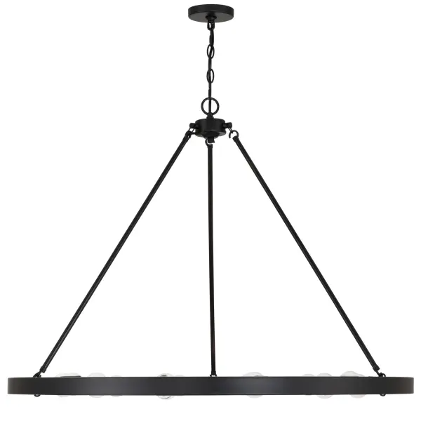 The Golden Lighting Castile 12-Light Chandelier delivers a striking balance of classic form and modern simplicity. Defined by its iconic wagon-wheel silhouette, this chandelier embraces an open-frame design with exposed bulbs, creating a dramatic yet refined centerpiece that feels both timeless and current. The circular structure allows light to radiate freely, providing broad, even illumination that enhances the scale and presence of larger spaces. Finished in Matte Black, the steel frame offers a deep, uniform black tone with a smooth, non-reflective surface. This understated finish adds architectural contrast while maintaining versatility, making the Castile chandelier an easy fit across transitional, modern farmhouse, industrial, and contemporary interiors. The exposed bulb layout enhances its clean, sculptural look while allowing homeowners to personalize the fixture with their choice of bulb style for added character. Designed with flexibility in mind, this chandelier features an adjustable hanging height from 30" to 103" and is sloped-ceiling compatible, allowing it to adapt seamlessly to a variety of ceiling heights and room layouts. Measuring 40"W x 30"H x 40"D, it makes a bold statement over large dining tables, in open foyers, or as a commanding focal point in great rooms and living areas. Rated for dry indoor locations, it is ideal for spaces not exposed to moisture. The Castile chandelier requires twelve E26 medium base bulbs (not included), offering powerful illumination with customizable ambiance depending on bulb selection. With its generous scale, exposed-light design, and timeless silhouette, this fixture is ideal for shoppers searching for a large wagon-wheel chandelier, a Matte Black statement chandelier, or a Transitional open-frame ceiling light that blends classic inspiration with modern appeal. Collection: Castile Finish: Matte Black Width: 40.00" Height: 30.00" Weight: 15.29 lb Extension from Wall: 40.00" Canopy: 4.75"W x 4.75"H x 0.75"D Number of Bulbs: 12 Maximum Wattage: 60.00 W Bulb Type: A19 Bulb Base: E26 Dimmable Voltage: 120.00 V Country of Origin: China Safety Listing: ETL Manufacturer Warranty: 1 Year Limited - alternate view