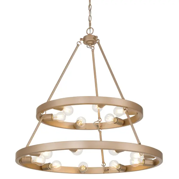 The Golden Lighting Castile 15-Light 2-Tier Chandelier delivers a bold expression of classic design elevated with modern sophistication. Featuring a two-tier open wagon-wheel silhouette with exposed bulbs arranged in a 6-light upper tier and 9-light lower tier, this chandelier creates expansive, layered illumination with striking visual depth. Finished in French Gold, the steel frame showcases a warm, muted gold tone with rosy undertones and a finely brushed satin texture that adds elegance without excess shine. Measuring 32"W x 32.25"H x 32"D, this large-scale chandelier is ideal for dining rooms, foyers, and open living spaces where a commanding yet refined centerpiece is desired. Its adjustable hanging height from 32.25" to 105" and sloped-ceiling compatibility allow for versatile installation across a variety of ceiling heights. Damp-location rated, it is suitable for covered and semi-enclosed areas such as bathrooms, laundry rooms, and covered porches. The fixture requires fifteen E26 medium base bulbs (not included, max 60W each), offering customizable brightness and ambiance through bulb selection.