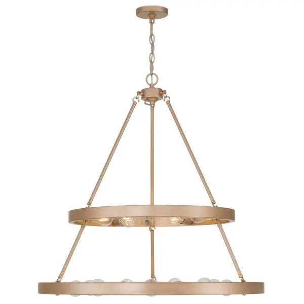 The Golden Lighting Castile 15-Light 2-Tier Chandelier delivers a bold expression of classic design elevated with modern sophistication. Featuring a two-tier open wagon-wheel silhouette with exposed bulbs arranged in a 6-light upper tier and 9-light lower tier, this chandelier creates expansive, layered illumination with striking visual depth. Finished in French Gold, the steel frame showcases a warm, muted gold tone with rosy undertones and a finely brushed satin texture that adds elegance without excess shine. Measuring 32"W x 32.25"H x 32"D, this large-scale chandelier is ideal for dining rooms, foyers, and open living spaces where a commanding yet refined centerpiece is desired. Its adjustable hanging height from 32.25" to 105" and sloped-ceiling compatibility allow for versatile installation across a variety of ceiling heights. Damp-location rated, it is suitable for covered and semi-enclosed areas such as bathrooms, laundry rooms, and covered porches. The fixture requires fifteen E26 medium base bulbs (not included, max 60W each), offering customizable brightness and ambiance through bulb selection. - alternate view