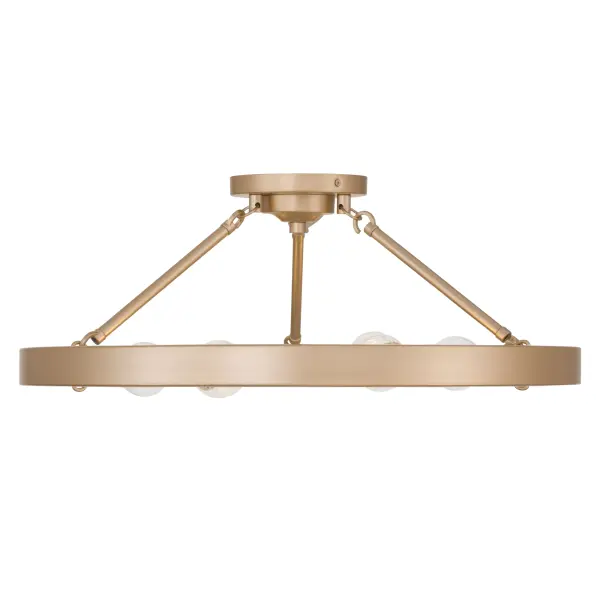 The Golden Lighting Castile 6-Light Semi-Flush Mount brings timeless wagon-wheel design into a compact, low-profile form ideal for rooms with mid-height ceilings. Featuring an open-frame silhouette with exposed bulbs, this fixture allows light to radiate freely, creating bright, evenly distributed illumination while maintaining a clean, architectural look. Finished in French Gold, the steel frame displays a warm, muted gold tone with rosy undertones and a finely brushed satin sheen that adds subtle elegance and warmth. Measuring 24"W x 9.5"H x 24"D, this semi-flush mount offers strong visual presence without excessive drop, making it well suited for entryways, kitchens, bedrooms, and living spaces. Damp-location rated, it can also be used in bathrooms, laundry rooms, and covered porches. The fixture requires six E26 medium base bulbs (not included, max 60W each), allowing flexibility in brightness and ambiance. - alternate view