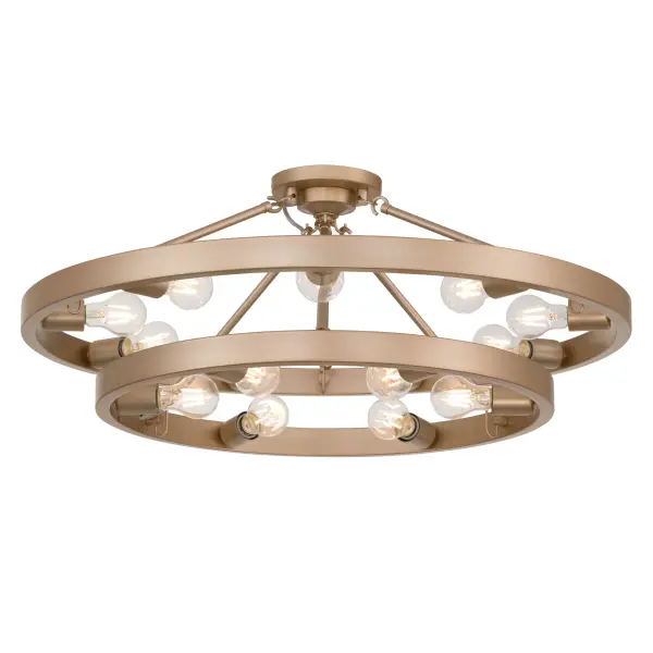 The Golden Lighting Castile 15-Light Semi-Flush Mount blends timeless wagon-wheel inspiration with a low-profile open-frame design ideal for spaces with mid-height ceilings. Featuring exposed bulbs arranged around a circular steel frame, this fixture provides bright, evenly distributed illumination while maintaining a clean, architectural look. Finished in French Gold, the frame displays a warm, muted gold tone with rosy undertones and a finely brushed satin sheen that adds understated elegance and warmth. Measuring 32"W x 13"H x 32"D, this semi-flush mount delivers substantial visual presence without excessive drop, making it well suited for entryways, bedrooms, kitchens, and living areas. Damp-location rated, it can also be installed in bathrooms, laundry rooms, and covered porches. The fixture requires fifteen E26 medium base bulbs (not included, max 60W each), allowing flexible control of brightness and ambiance.