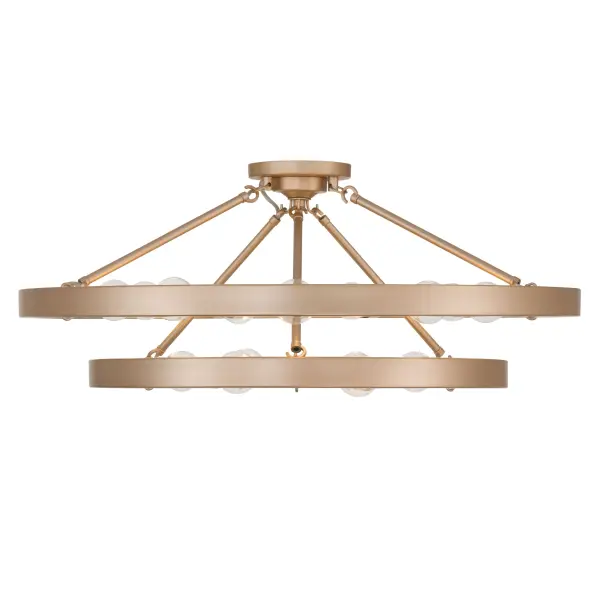 The Golden Lighting Castile 15-Light Semi-Flush Mount blends timeless wagon-wheel inspiration with a low-profile open-frame design ideal for spaces with mid-height ceilings. Featuring exposed bulbs arranged around a circular steel frame, this fixture provides bright, evenly distributed illumination while maintaining a clean, architectural look. Finished in French Gold, the frame displays a warm, muted gold tone with rosy undertones and a finely brushed satin sheen that adds understated elegance and warmth. Measuring 32"W x 13"H x 32"D, this semi-flush mount delivers substantial visual presence without excessive drop, making it well suited for entryways, bedrooms, kitchens, and living areas. Damp-location rated, it can also be installed in bathrooms, laundry rooms, and covered porches. The fixture requires fifteen E26 medium base bulbs (not included, max 60W each), allowing flexible control of brightness and ambiance. - alternate view