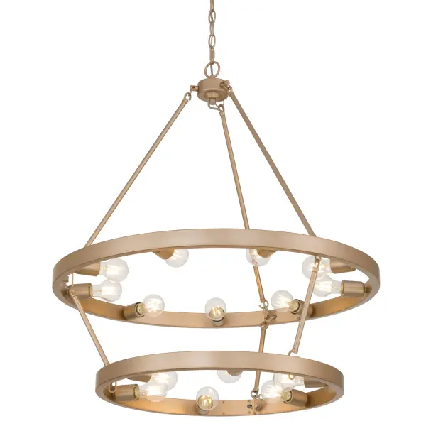 The Golden Lighting Castile 15-Light 2-Tier Chandelier brings dramatic scale and timeless elegance to interiors through its open wagon-wheel silhouette and exposed bulb design. Arranged in a two-tier configuration with nine lights on the upper tier and six below, this chandelier creates layered, evenly distributed illumination with strong architectural presence. Crafted from quality materials and finished in French Gold, the steel frame features a warm, muted gold tone with subtle rosy undertones and a finely brushed satin sheen that adds refined luxury without excessive shine. Measuring 32"W x 35"H x 32"D, this large chandelier is ideal for dining rooms, foyers, and expansive living areas where a statement fixture is desired. Adjustable hanging height from 35" to 108" and sloped-ceiling compatibility allow flexible installation across a range of ceiling heights. Damp-location rated, it is suitable for covered and semi-enclosed spaces. The fixture requires fifteen E26 medium base bulbs (not included, max 60W each), allowing customization of brightness and ambiance.