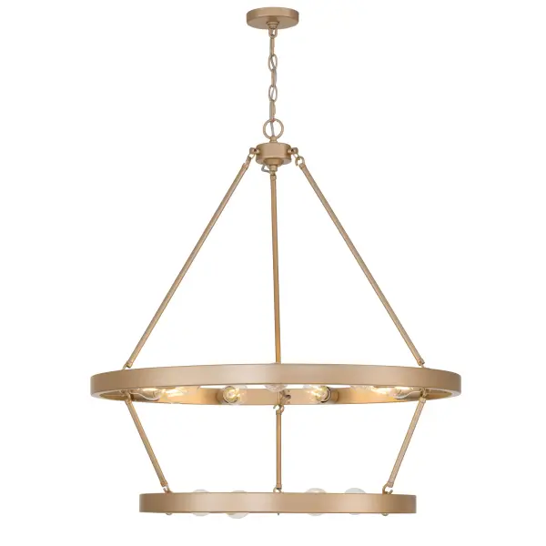 The Golden Lighting Castile 15-Light 2-Tier Chandelier brings dramatic scale and timeless elegance to interiors through its open wagon-wheel silhouette and exposed bulb design. Arranged in a two-tier configuration with nine lights on the upper tier and six below, this chandelier creates layered, evenly distributed illumination with strong architectural presence. Crafted from quality materials and finished in French Gold, the steel frame features a warm, muted gold tone with subtle rosy undertones and a finely brushed satin sheen that adds refined luxury without excessive shine. Measuring 32"W x 35"H x 32"D, this large chandelier is ideal for dining rooms, foyers, and expansive living areas where a statement fixture is desired. Adjustable hanging height from 35" to 108" and sloped-ceiling compatibility allow flexible installation across a range of ceiling heights. Damp-location rated, it is suitable for covered and semi-enclosed spaces. The fixture requires fifteen E26 medium base bulbs (not included, max 60W each), allowing customization of brightness and ambiance. - alternate view