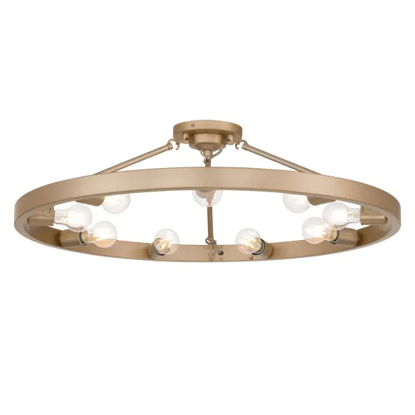 The Golden Lighting Castile 9-Light Semi-Flush Mount offers a refined take on the classic wagon-wheel silhouette with a compact, open-frame design ideal for rooms with mid-height ceilings. Featuring exposed bulbs arranged around a circular steel frame, this fixture allows light to radiate freely, creating bright, evenly distributed illumination with an airy architectural presence. Finished in French Gold, the frame showcases a warm, muted gold tone with subtle rosy undertones and a finely brushed satin sheen that adds softness and elegance. Measuring 32"W x 9.38"H x 32"D, this semi-flush mount provides substantial visual impact without overwhelming the space, making it suitable for entryways, bedrooms, kitchens, and living areas. Damp-location rated, it can also be used in bathrooms, laundry rooms, and covered porches. The fixture requires nine E26 medium base bulbs (not included, max 60W each), allowing customizable brightness and ambiance.