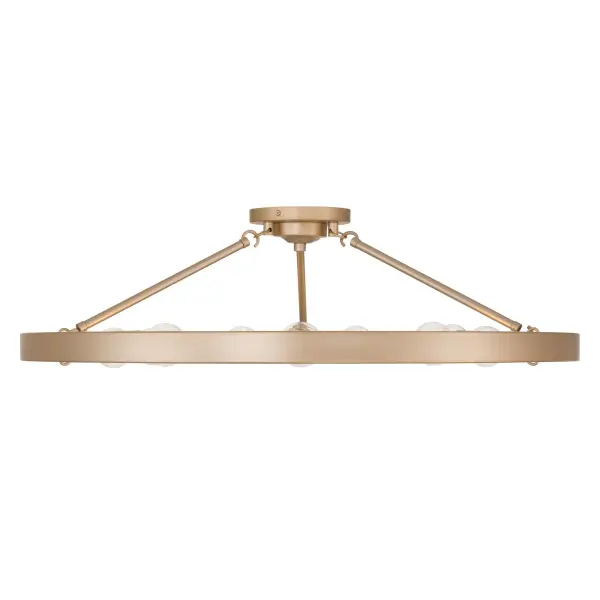 The Golden Lighting Castile 9-Light Semi-Flush Mount offers a refined take on the classic wagon-wheel silhouette with a compact, open-frame design ideal for rooms with mid-height ceilings. Featuring exposed bulbs arranged around a circular steel frame, this fixture allows light to radiate freely, creating bright, evenly distributed illumination with an airy architectural presence. Finished in French Gold, the frame showcases a warm, muted gold tone with subtle rosy undertones and a finely brushed satin sheen that adds softness and elegance. Measuring 32"W x 9.38"H x 32"D, this semi-flush mount provides substantial visual impact without overwhelming the space, making it suitable for entryways, bedrooms, kitchens, and living areas. Damp-location rated, it can also be used in bathrooms, laundry rooms, and covered porches. The fixture requires nine E26 medium base bulbs (not included, max 60W each), allowing customizable brightness and ambiance. - alternate view