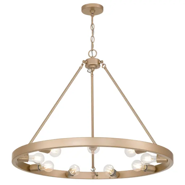 The Golden Lighting Castile 9-Light Chandelier offers a refined balance of classic design and modern simplicity through its open wagon-wheel silhouette and exposed bulb arrangement. Crafted from quality materials and finished in French Gold, the steel frame features a warm, muted gold tone with subtle rosy undertones and a softly brushed satin sheen that adds understated luxury. The open-frame construction allows light to spread evenly, creating an inviting glow with strong architectural character. Measuring 32"W x 24.75"H x 32"D, this chandelier is well suited for dining rooms, foyers, bedrooms, and living spaces. Adjustable hanging height from 24.75" to 97" and sloped-ceiling compatibility provide installation flexibility across a range of ceiling heights. Damp-location rated, it can be installed in covered and semi-enclosed spaces. The fixture requires nine E26 medium base bulbs (not included, max 60W each), allowing customization of brightness and ambiance.
