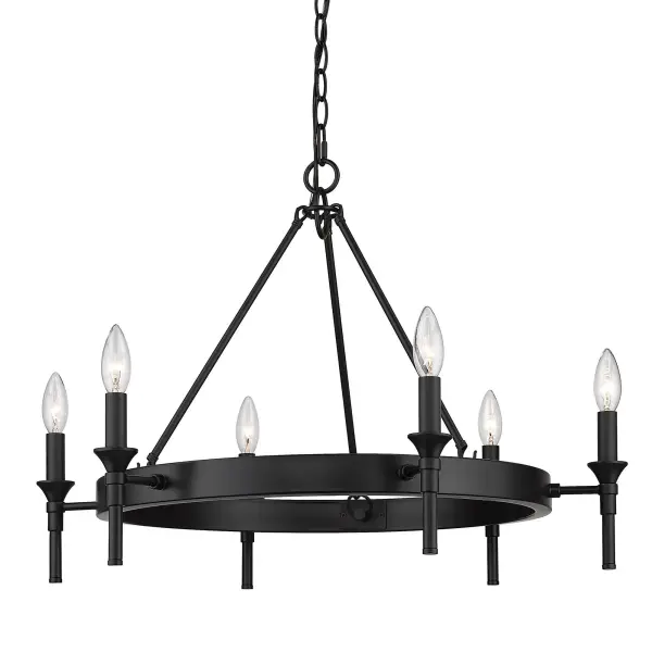 The Edinburgh chandelier reimagines the classic wagon wheel with clean lines and a sophisticated matte black finish. Its 27-inch diameter provides substantial presence without overwhelming medium-sized spaces.