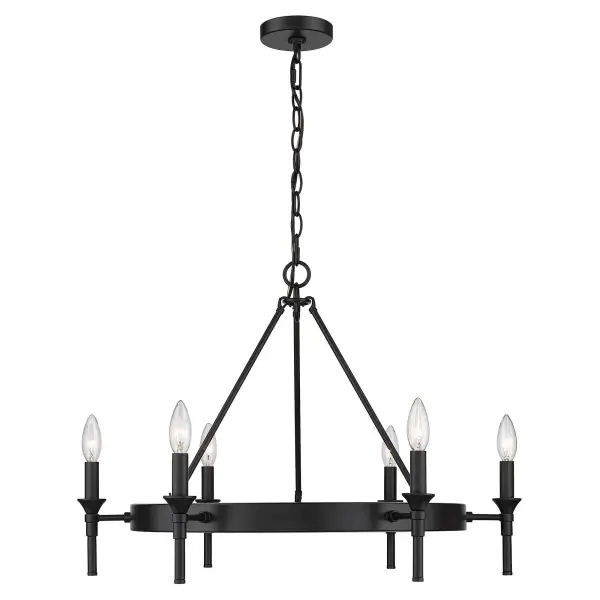 The Edinburgh chandelier reimagines the classic wagon wheel with clean lines and a sophisticated matte black finish. Its 27-inch diameter provides substantial presence without overwhelming medium-sized spaces. - alternate view