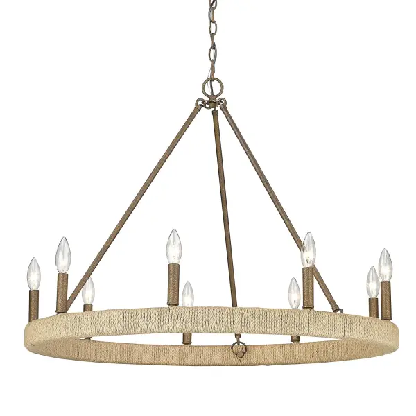 Capture timeless elegance in your home with the Wry Lighting Yates 9-light Chandelier. Featuring a burnished chestnut frame, it creates a welcoming atmosphere perfect for dining rooms and living spaces. This chandelier showcases a sophisticated no shade design, allowing for maximum light distribution. The hand-rubbed finish enhances the rich chestnut brown base with luminous antique gold highlights, creating a charming glow that enhances any decor. With its dry location rating, the Yates chandelier is ideal for indoor spaces not subject to moisture, making it perfect for dining rooms, foyers, and bedrooms. Easily adjust the hanging length to suit your space with its adjustable height feature of 25.375" to 97.375". Overall Dimensions: 32.5"W x 24.63"H x 32.5"D. Requires 9 E12 candelabra base bulbs (not included) with a maximum wattage of 60 per bulb. Elevate your home with this exquisite chandelier, blending rustic charm and classic design. Collection: Yates Finish: Burnished Chestnut Width: 32.50" Height: 24.63" Length: 32.50" Weight: 12.70 lb Extension from Wall: 32.50" Canopy: 4.75"W x 4.75"H x 0.75"D Number of Bulbs: 9 Maximum Wattage: 60.00 W Bulb Type: CA10 Bulb Base: E12 Light Source: Incandescent Dimmable Voltage: 120.00 V Country of Origin: China Safety Listing: ETL Manufacturer Warranty: 1 Year Limited