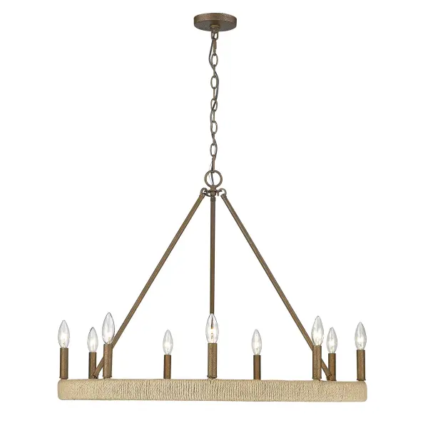 Capture timeless elegance in your home with the Wry Lighting Yates 9-light Chandelier. Featuring a burnished chestnut frame, it creates a welcoming atmosphere perfect for dining rooms and living spaces. This chandelier showcases a sophisticated no shade design, allowing for maximum light distribution. The hand-rubbed finish enhances the rich chestnut brown base with luminous antique gold highlights, creating a charming glow that enhances any decor. With its dry location rating, the Yates chandelier is ideal for indoor spaces not subject to moisture, making it perfect for dining rooms, foyers, and bedrooms. Easily adjust the hanging length to suit your space with its adjustable height feature of 25.375" to 97.375". Overall Dimensions: 32.5"W x 24.63"H x 32.5"D. Requires 9 E12 candelabra base bulbs (not included) with a maximum wattage of 60 per bulb. Elevate your home with this exquisite chandelier, blending rustic charm and classic design. Collection: Yates Finish: Burnished Chestnut Width: 32.50" Height: 24.63" Length: 32.50" Weight: 12.70 lb Extension from Wall: 32.50" Canopy: 4.75"W x 4.75"H x 0.75"D Number of Bulbs: 9 Maximum Wattage: 60.00 W Bulb Type: CA10 Bulb Base: E12 Light Source: Incandescent Dimmable Voltage: 120.00 V Country of Origin: China Safety Listing: ETL Manufacturer Warranty: 1 Year Limited - alternate view