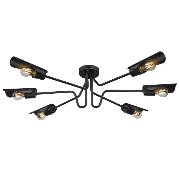 Elevate your home with the Wry Lighting Newton 6-light Semi-Flush Mount. Designed in a modern style, this fixture combines functionality with aesthetic appeal, perfect for blending with any decor. With a no shade design, light radiates beautifully, enhancing your rooms. The smooth matte black finish provides a non-reflective surface, creating a clean and sophisticated look that complements various styles. This fixture is damp location rated, making it suitable for areas with occasional moisture, such as covered porches and kitchens. Its dimensions are 39.63"W x 9.75"H x 27.63"D, and it requires 6 E26 medium base bulbs (not included) with a maximum wattage of 60 per bulb. Bring a stylishly functional charm to your home with this expansive semi-flush mount, designed for low ceilings without sacrificing style. Collection: Newton Finish: Matte Black Glass: Matte Black Width: 39.63" Height: 9.75" Length: 27.63" Weight: 7.58 lb Extension from Wall: 27.63" Canopy: 4.75"W x 4.75"H x 1"D Number of Bulbs: 6 Maximum Wattage: 60.00 W Bulb Type: A19 Bulb Base: E26 Light Source: Incandescent Dimmable Voltage: 120.00 V Country of Origin: China Safety Listing: ETL Manufacturer Warranty: 1 Year Limited