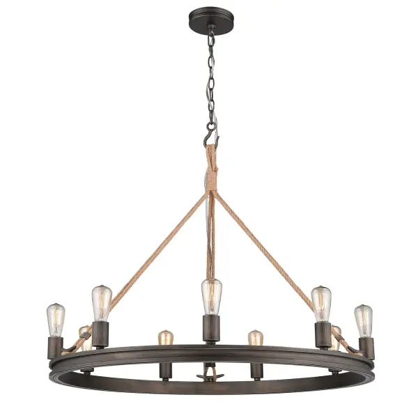 Transform your space with the timeless elegance of the Wry Lighting Chatham 9-light Chandelier in Gunmetal Bronze. This chandelier showcases a captivating design that brings coastal charm to any home. Crafted without a shade, it boasts an unobstructed illumination that enhances the warm ambiance of your surroundings. Hang it gracefully, drawing attention to the natural beauty of its surroundings. The Gunmetal Bronze finish is a richly complex metallic that blends the warmth of bronze with an industrial edge. Hand-brushed to reveal striking pewter highlights, it offers a textural finish with depth that shifts with the light, creating a chic and sophisticated presence in any room. Perfect for dining rooms, foyers, or elevating bedrooms and living spaces, this chandelier is dry location rated, ideal for indoor spaces not subject to moisture. It is sloped-ceiling compatible and features an adjustable height of 29.75" to 101.75" to perfectly suit your space. Overall dimensions are 33.5"W x 28.75"H x 33.5"D, and it requires 9 E26 medium base bulbs (not included) with a maximum output of 60 watts each. Elevate your ambiance with this stunning addition from Wry Lighting, designed for style and quality. Collection: Chatham Rooms: Foyer,Living,Dining Finish: Gunmetal Bronze Notes: Convertible design allows fixture to be mounted with the sockets facing up or down Width: 33.50" Height: 28.75" Length: 33.50" Weight: 5.67 lb Extension from Wall: 33.50" Chain: 6` Wire: 10` Canopy: 5.13"W x 5.13"H x 1"D Number of Bulbs: 9 Maximum Wattage: 60.00 W Bulb Type: A19 Bulb Base: E26 Light Source: Incandescent Dimmable Voltage: 120.00 V Material: Steel Country of Origin: China Safety Listing: ETL Safety Rating: Dry Connection: Hardware Manufacturer Warranty: 1 Year Limited Instructions Parts Diagram - alternate view