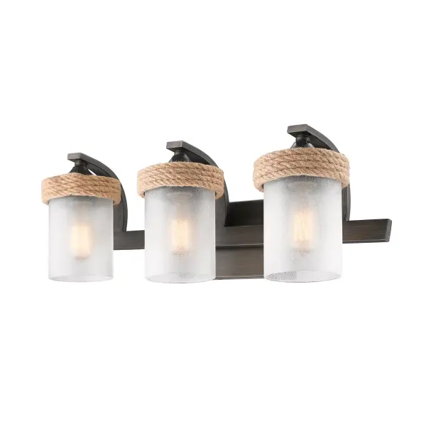 Bring coastal elegance into your home with the Wry Lighting Chatham 3-light Vanity in Gunmetal Bronze. Featuring a glass shade and a chic gunmetal bronze frame, it creates a captivating atmosphere. The clear sandblasted glass shade provides a lovely frosty white appearance, diffusing light to create a calming ambiance. The rich gunmetal bronze finish blends the warmth of bronze with cool gray overtones for a textural depth that enriches your decor. It is damp location rated, making it suitable for bathrooms and covered porches. Requires 3 E26 Medium base bulbs (not included), max wattage 100 per bulb. Dimensions are 22.75"W x 7.75"H x 7.88"D, combining style and functionality. This lighting fixture is the perfect touch for your coastal-themed space.