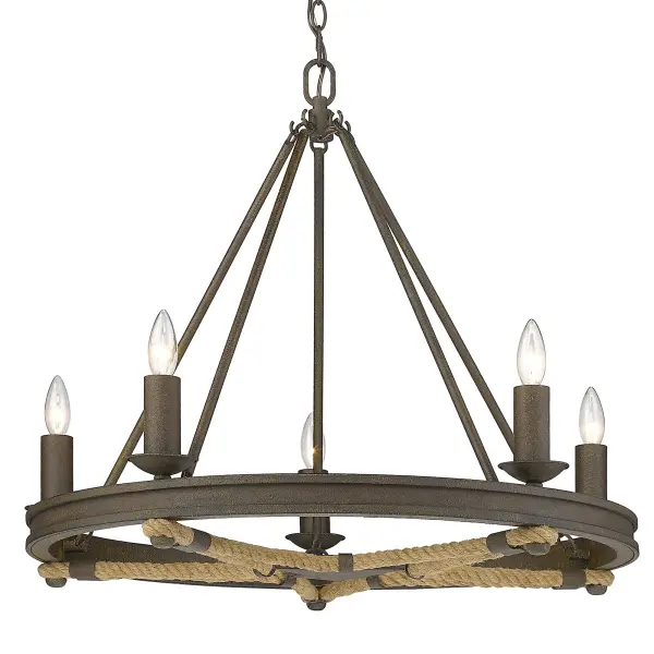 Bring rustic elegance into your home with the Wry Lighting Stokes 5-light Chandelier. Embracing traditional aesthetics, it features a striking dark rust finish, adding a bold touch to any space. This chandelier has no shade, showcasing its raw beauty, the finish captures the essence of natural corrosion with flecks of coppery-orange and gold. Its deep rust finish perfectly complements farmhouse and industrial styles, making it an excellent choice for a statement piece. Ideal for dining areas and entryways, it is Dry Location Rated for indoor spaces. It is also sloped-ceiling compatible with an adjustable height of Min: 25.125"- Max: 97.125". Overall Dimensions: 28.75"W x 24.38"H x 28.75"D, Requires 5 E12 Candelabra base bulbs (not included), maximum 60 watts per bulb. Elevate your home with this classic chandelier that captures the charm of rustic decor and modern design. Collection: Stokes Rooms: Kitchen,Foyer,Living,Bedroom Finish: Dark Rust Glass: Dark Rust Width: 28.75" Height: 24.38" Length: 28.75" Weight: 14.03 lb Extension from Wall: 28.75" Chain: 6` Wire: 10` Canopy: 5.13"W x 5.13"H x 0.75"D Number of Bulbs: 5 Maximum Wattage: 60.00 W Bulb Type: CA10 Bulb Base: E12 Light Source: Incandescent Dimmable Voltage: 120.00 V Material: Steel Country of Origin: China Safety Listing: ETL Safety Rating: Dry Connection: Hardware Manufacturer Warranty: 1 Year Limited - alternate view