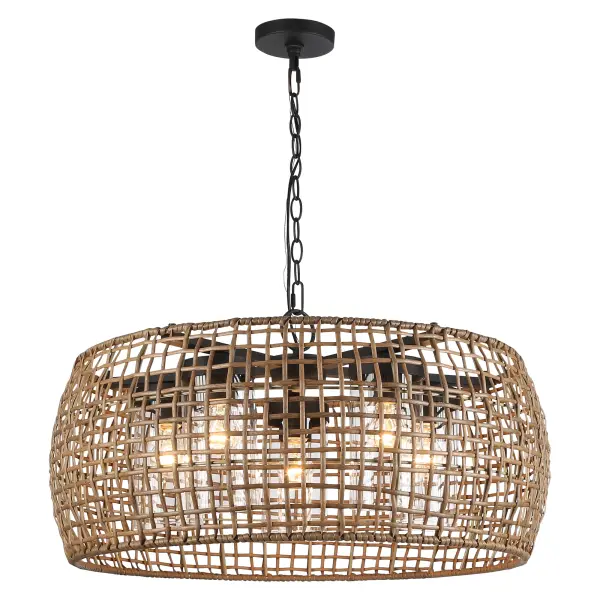 The Piper 5-Light Outdoor Pendant combines handcrafted maple all-weather wicker with a natural black finish, creating a coastal-inspired fixture that's both beautiful and built to last. Its convertible design and wet location rating make it perfect for covered outdoor spaces. - alternate view