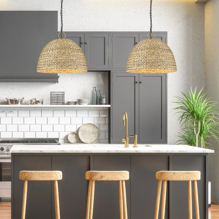 Golden Lighting Rue 5-Light Pendant in Matte Black with Woven Sweet Grass Shade - Image 5
