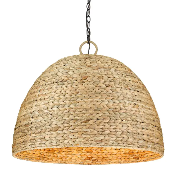 The Rue 8-Light Chandelier combines artisanal craftsmanship with contemporary design. Its handwoven sweet grass shade in herringbone pattern creates stunning visual texture while the matte black frame provides modern contrast.