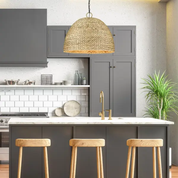 The Rue 8-Light Chandelier combines artisanal craftsmanship with contemporary design. Its handwoven sweet grass shade in herringbone pattern creates stunning visual texture while the matte black frame provides modern contrast. - alternate view