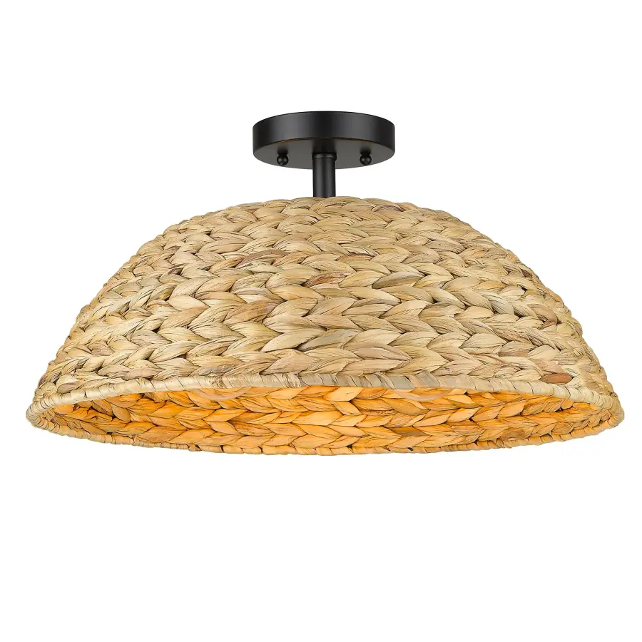 Golden Lighting Rue 3-Light Semi-Flush Mount in Matte Black with Woven Sweet Grass Shade - Image 1