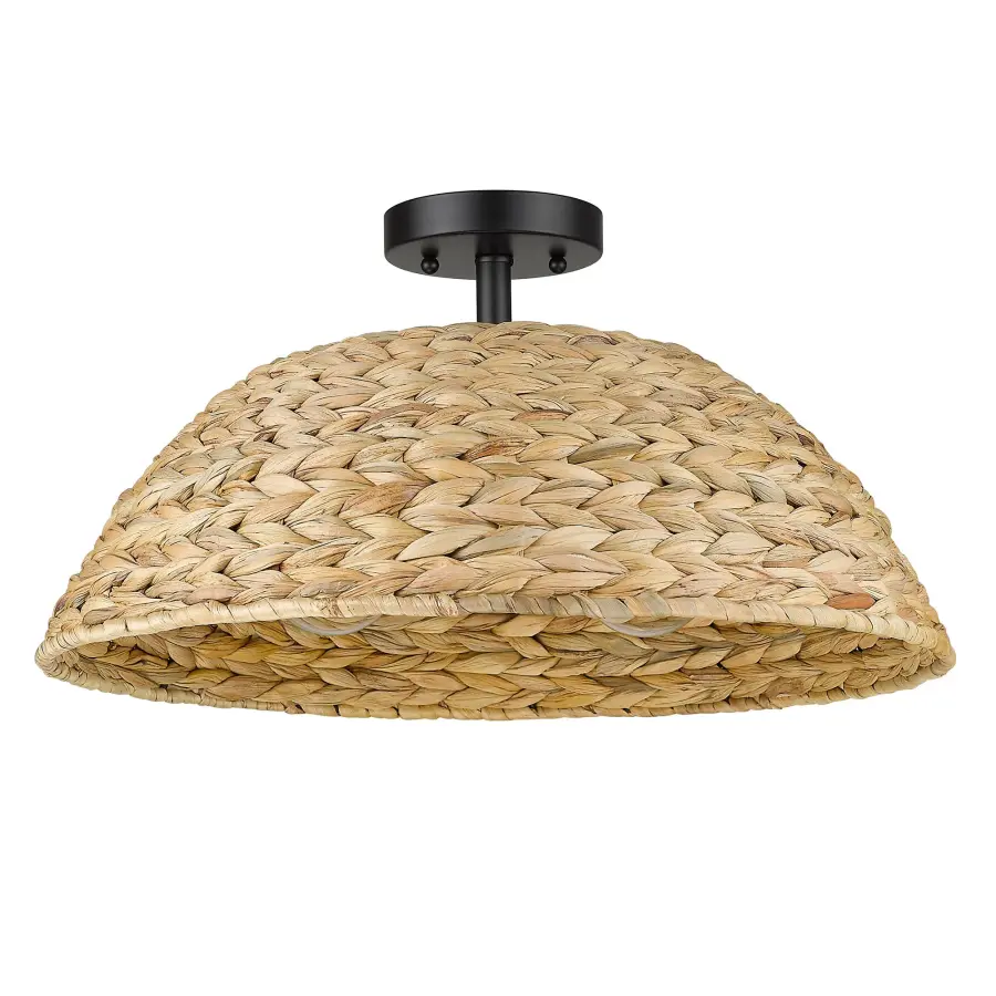 Golden Lighting Rue 3-Light Semi-Flush Mount in Matte Black with Woven Sweet Grass Shade - Image 2