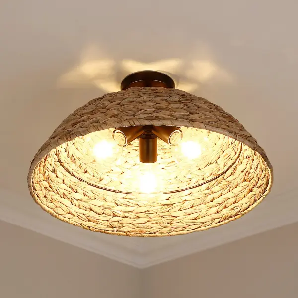 Golden Lighting Rue 3-Light Semi-Flush Mount in Matte Black with Woven Sweet Grass Shade - Image 5
