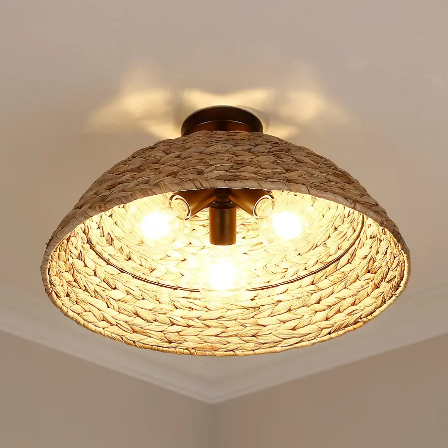Golden Lighting Rue 3-Light Semi-Flush Mount in Matte Black with Woven Sweet Grass Shade - Image 5