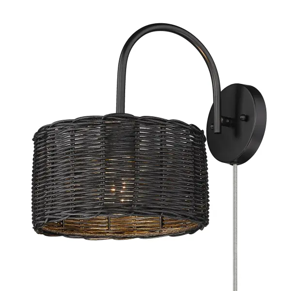 Golden Lighting Erma 1-Light Wall Sconce in Matte Black with Black Wicker Shade - Image 3