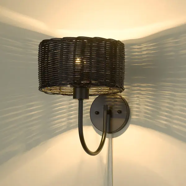 Golden Lighting Erma 1-Light Wall Sconce in Matte Black with Black Wicker Shade - Image 6